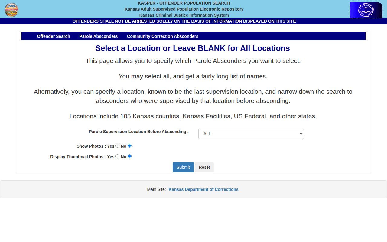 Franklin County parole absconder record search in KASPER