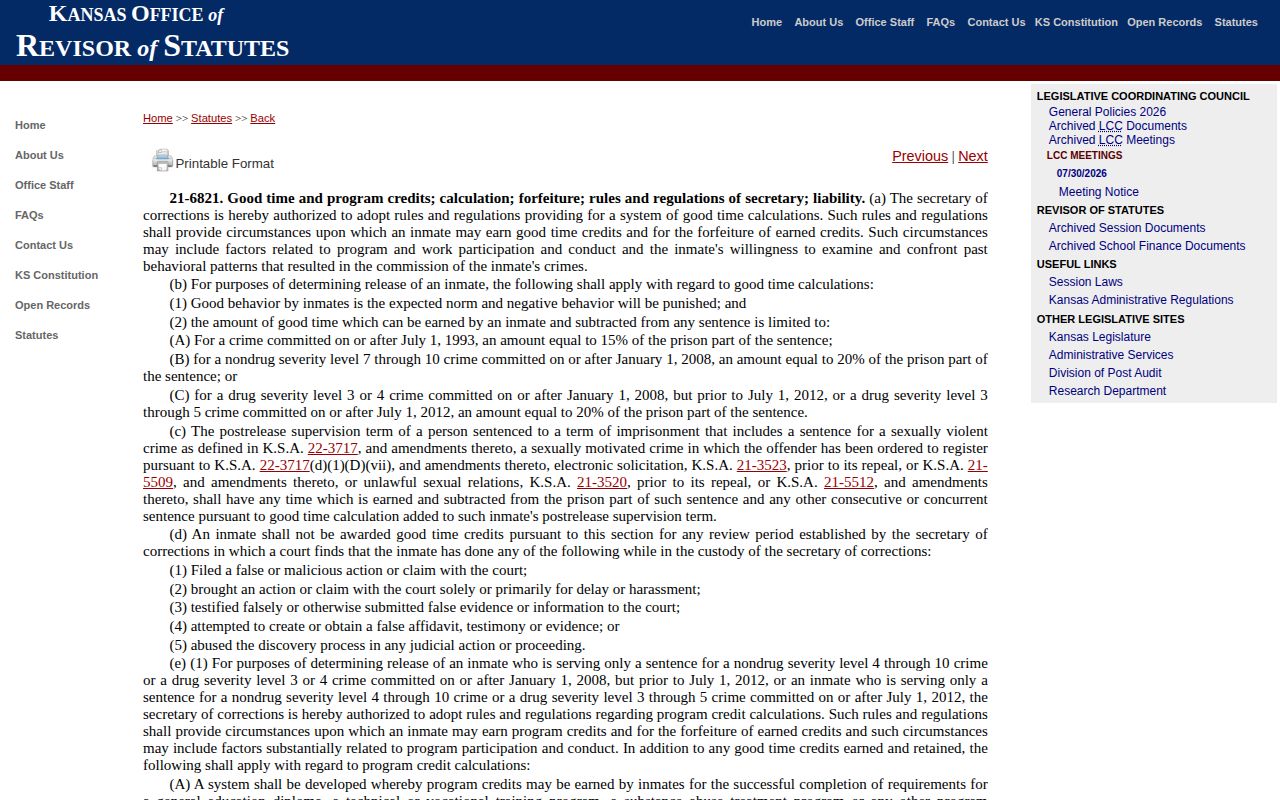 Franklin County projected release date Kansas good-time statute